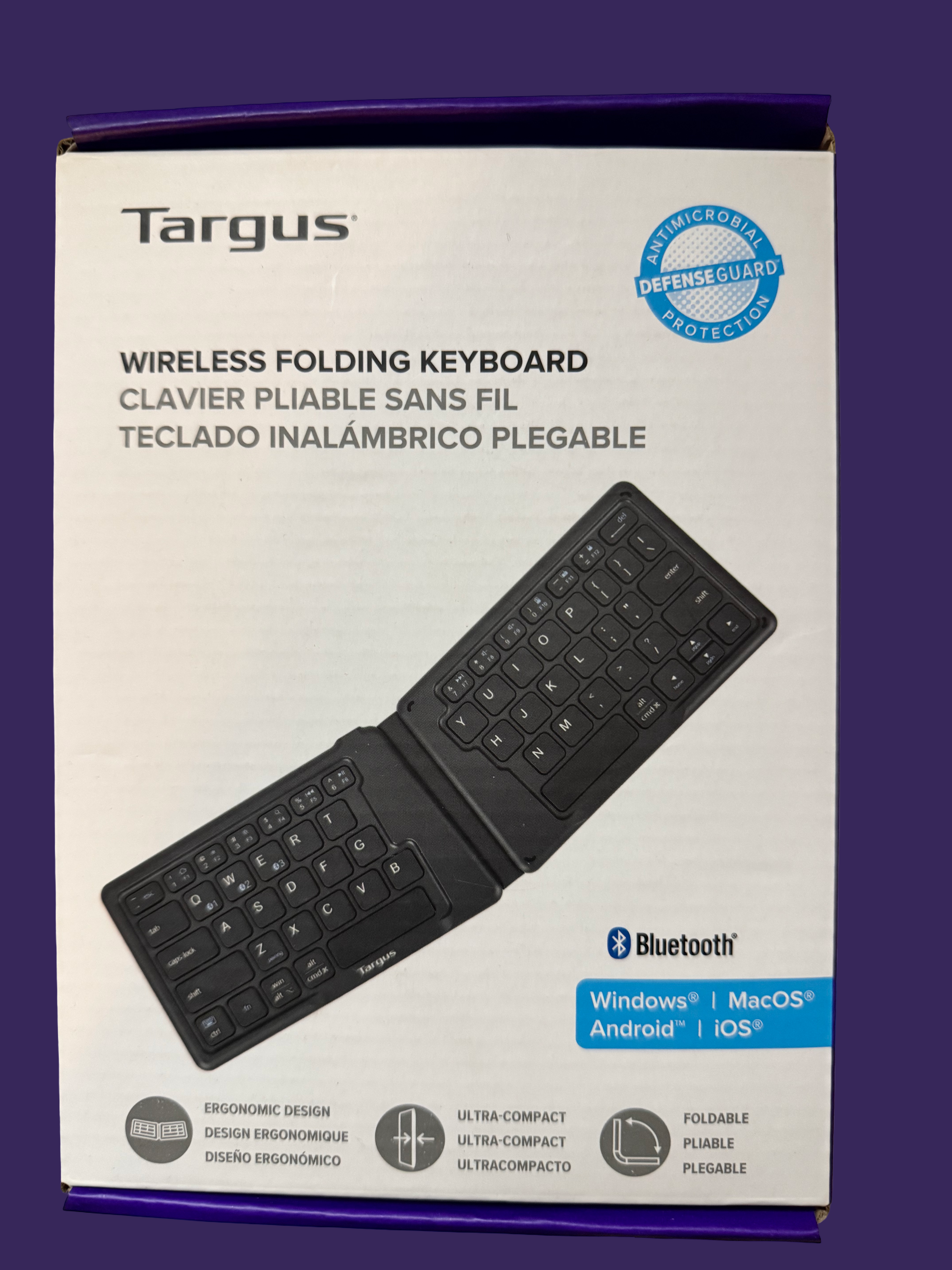 Targus Ergonomic Foldable Bluetooth Antimicrobial Keyboard, Compact Size, Black, AKF003US