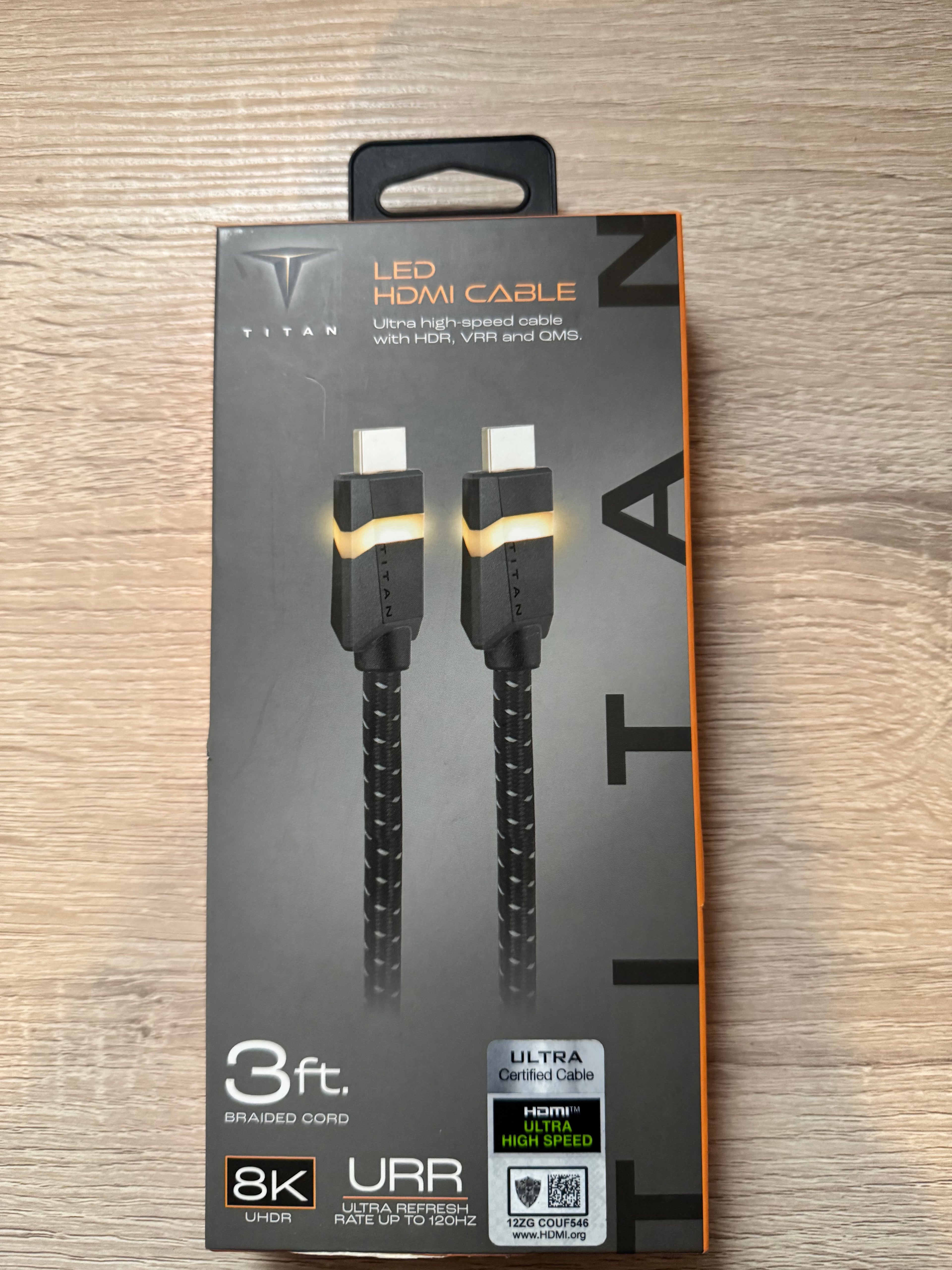 Titan 8K HDMI 2.1 Cable, 3 Ft Braided Cord, Amber LED Light Strip, Ultra High-Speed Cable with HDR, VRR & QMS, 48 GBPS, Black, 60864